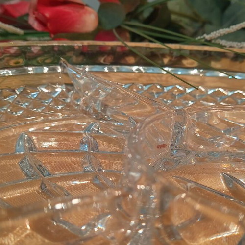 Oval crystal dish with compartments and lid for nuts and chocolates, new