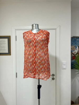 Lucky Brand Sheer Ikat-Printed Shell Blouse Size Medium, coral
