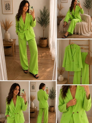 Σετ σακάκι και παντελόνα lime green από λινό blend καινούργιο