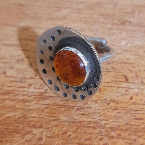Silver ring with amber 925 handmade adjustable