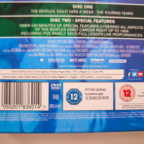 The Beatles Eight Days a Week The Touring Years 2-Disc Special Edition DVD like new