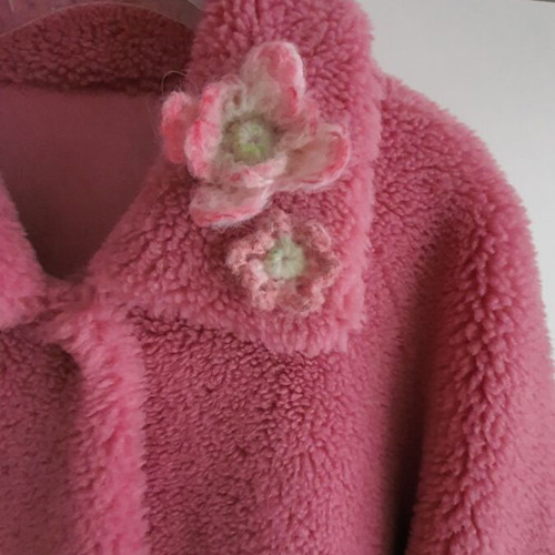 Coat new with crocheted handmade flowers pink S-M