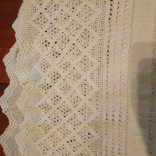 Handmade white cotton tablecloth with crocheted lace unused