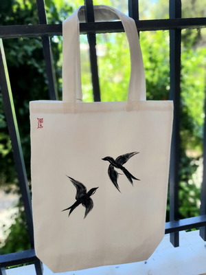Swallows Handpainted Tote Bag like new, cotton, black and white
