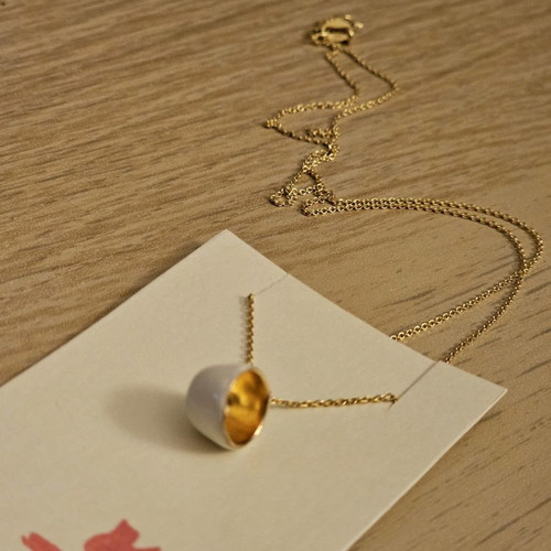 Cup necklace white silver 925 with 18k gold plating and enamel new unworn