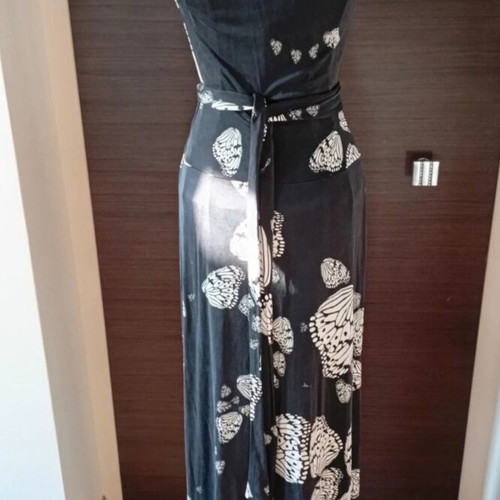 Black maxi dress with white butterflies, vintage, like new, 100% silk