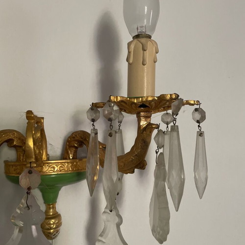 Classic vintage wall sconce with two lights, brass and crystals, like new, set of 2