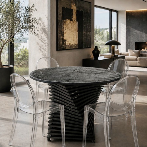 Modern Luxury dining set like new with contemporary style, stone top and 4 polycarbonate chairs