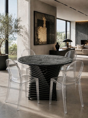 Modern Luxury dining set like new with contemporary style, stone top and 4 polycarbonate chairs