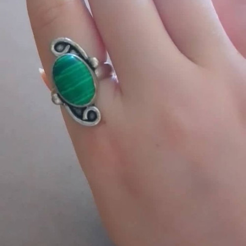 Handmade carved alpaca ring with green stone used