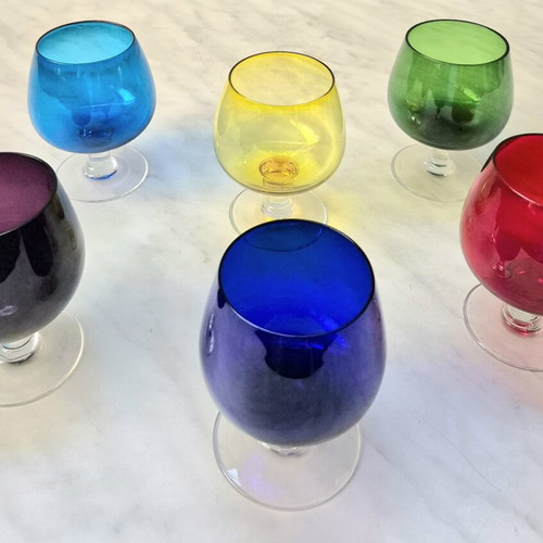 Vintage set of 6 colored balloon cognac glasses used