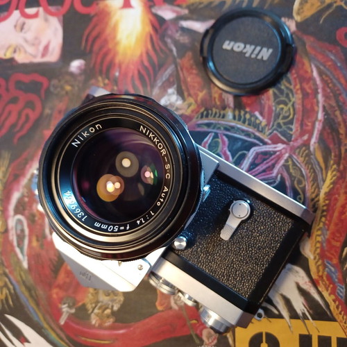 Nikon F camera with eye level prism and 50mm Nikon Nikkor Auto-S C AI lens, used