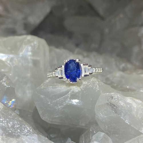 Handmade silver ring with natural blue sapphire and moissanites, size 17mm