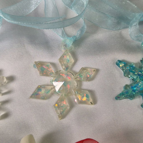 Snowflake ornament new with transparent iridescent glitter from liquid glass