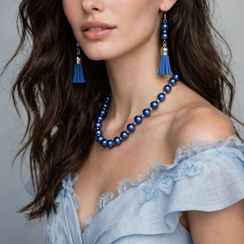 Handmade beaded blue summer necklace and earrings set new