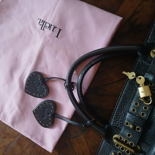 Luell leather handbag used, black with gold details