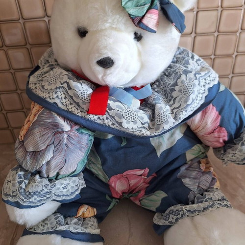 Plush white teddy bear new with blue floral outfit and lace details