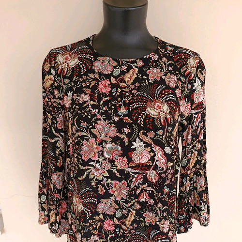 H&M floral mini dress black with bell sleeves, used, size M