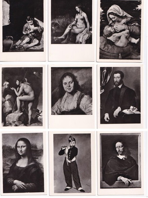 Postcards used 9x6.5 cm with Louvre artworks, pack of 9