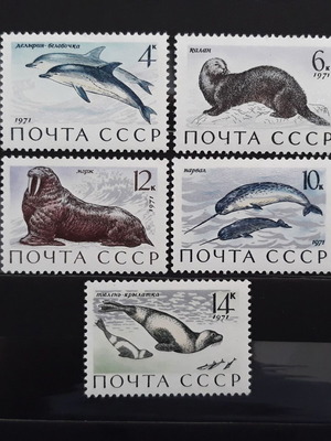 Russia CCCP 1971, συλλογή 5 γραμματοσήμων με θαλάσσια θηλαστικά, καινούργια