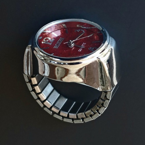 Ring watch quartz with red burgundy glitter dial and silver bracelet like new