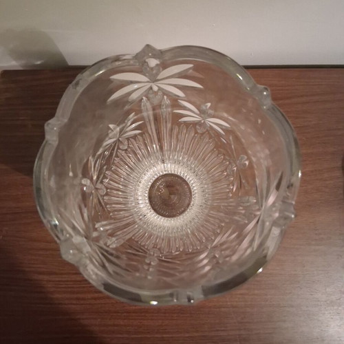 Vintage crystal vase with embossed stars and daisies used