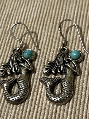 Earrings with mermaid design and small turquoise stone, like new