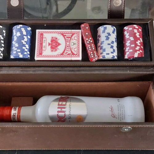 Leather bottle holder new with playing cards, dice and chips