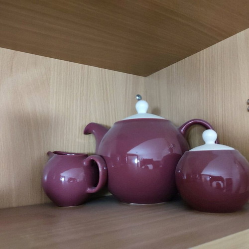 Clay teapot, sugar bowl and creamer with white lid, maroon, new