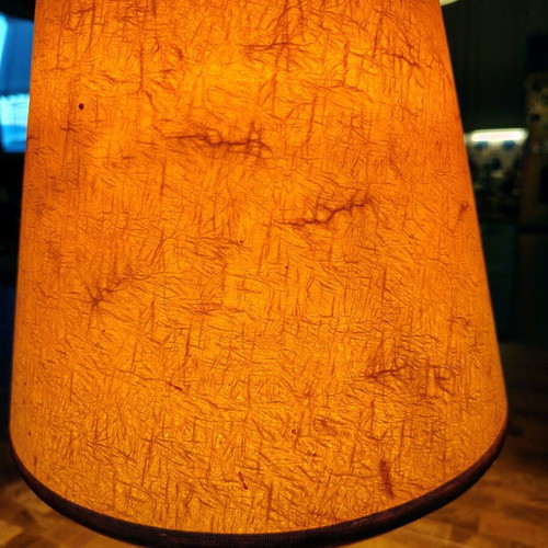 Wooden lamp with warm-colored shade like new