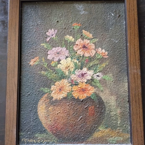 Vintage painting Vase with flowers by G. Papaioannou used