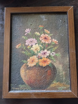 Vintage painting Vase with flowers by G. Papaioannou used
