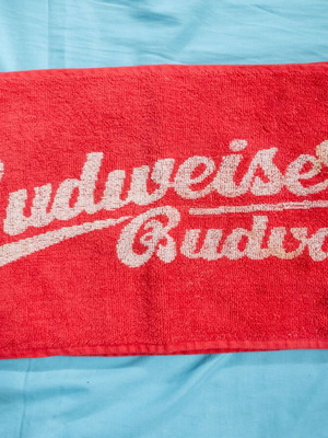 Budweiser Budvar beer promotional bar towel used