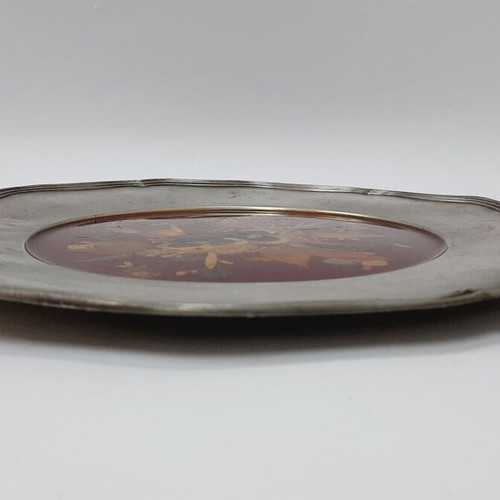 Decorative Pewter Plate with Real Dried Flowers under Resin, 30.5 cm, 1960s
