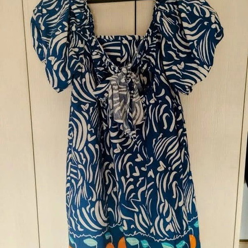 Primark short dress with puff sleeves blue and white like new