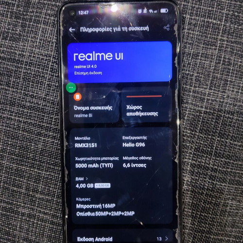 Realme 8i Dual SIM 4GB/128GB used, black with damaged glass