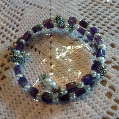 Handmade bracelet in dark aqua purple new with semi-precious beads