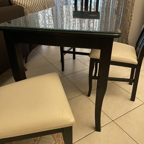 Kitchen dining set used, black wood with glass, 1 table and 3 chairs