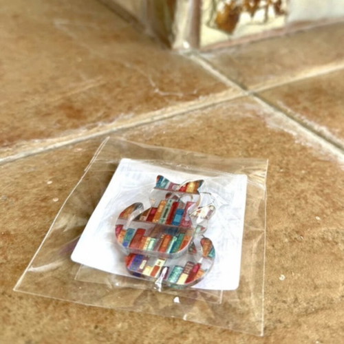 Cat earrings new, colorful acrylic with book design
