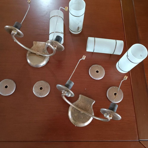 Old wall lights used, glass and bronze, set of two