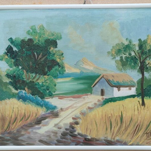 Watercolor of Idyllic Rural Landscape like new 41x31 cm