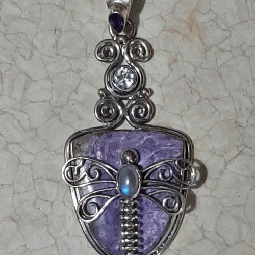 Dragonfly pendant 925 with purpurite, amethyst, blue topaz and moonstone new
