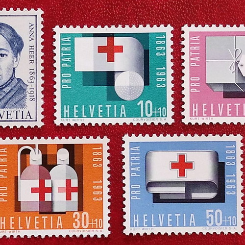 Anna Heer 1963 Swiss Red Cross Stamp Set mint, 5 pieces