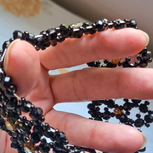 Handmade cuff bracelet with black crystal beads and rhinestones