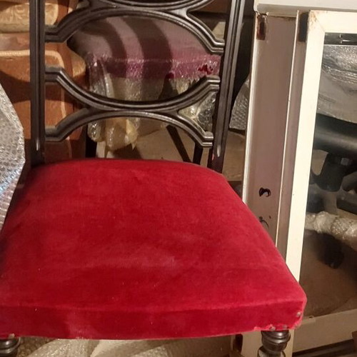 Wooden chair vintage with burgundy velvet upholstery, pack of 4