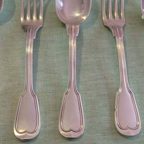 Christofle silver-plated Chinon cutlery set 5+1 used with monograms