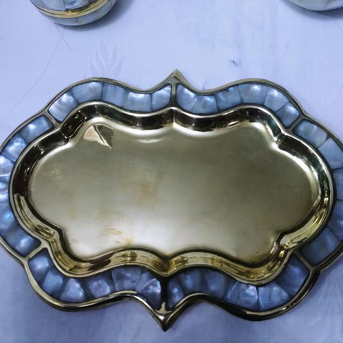 Brass and mother of pearl inlaid tray with used jewelry boxes from India 60s