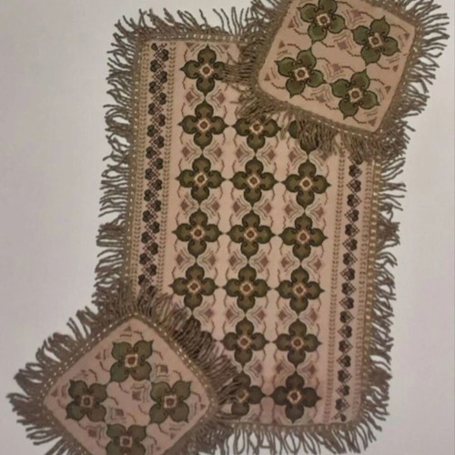 Handmade table runners used, set of three in olive and earth tones with gold details