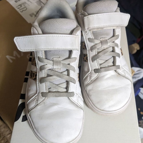 Adidas kids athletic shoes used with leopard design size 33 white
