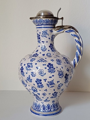 Vintage German Faience Ceramic Jug with Silver Lid 835 hand-painted